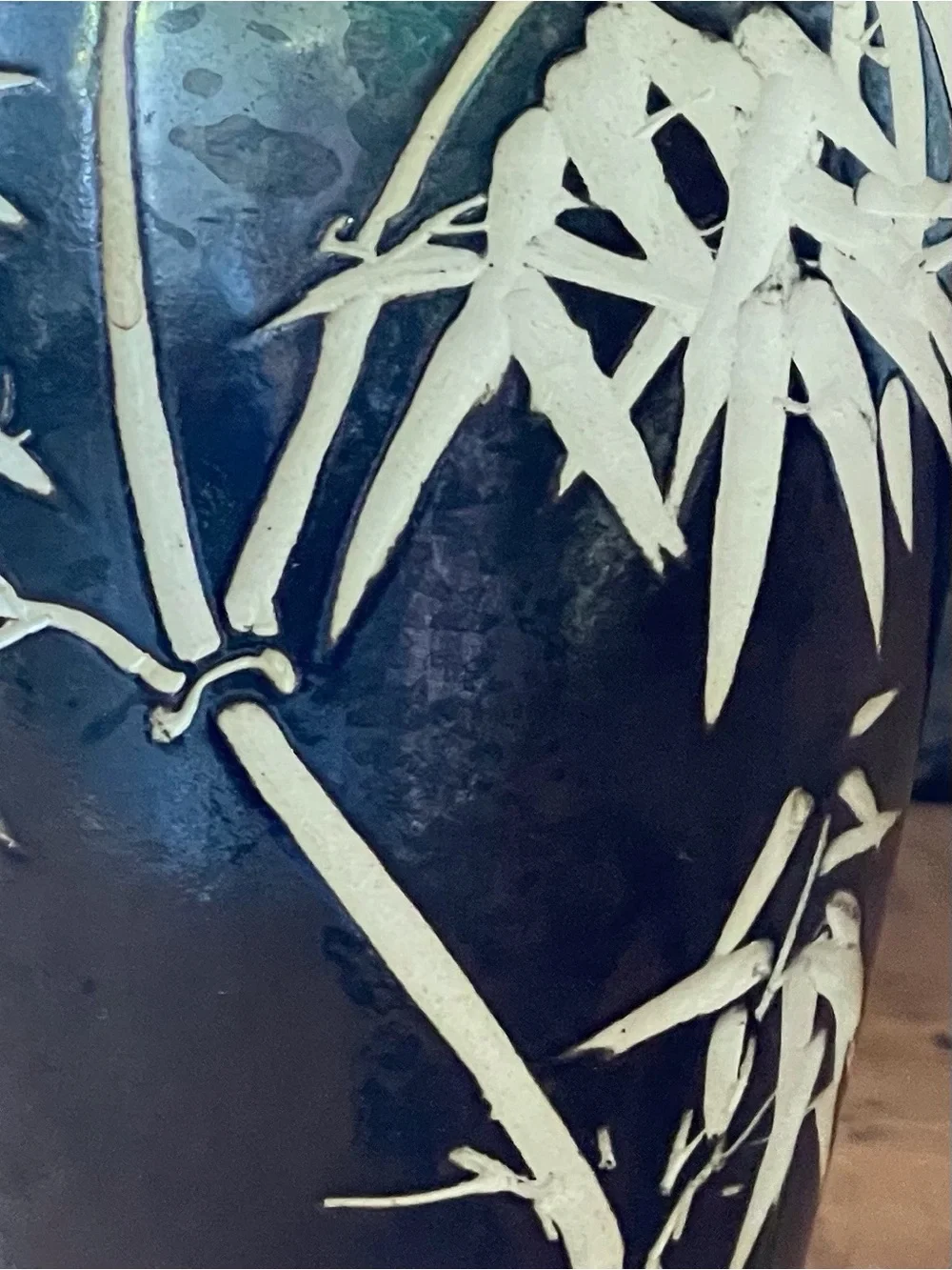 Vintage Mid Century Mod Black With Etched Bamboo Design Japanese Pottery Vase 9”